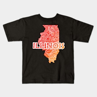 Colorful mandala art map of Illinois with text in red and orange Kids T-Shirt